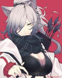 1girl, animal ears, arknights, arrow (projectile), artist name, bangs, black scarf, breasts, cat ears, cleavage, commentary request, hair over one eye, highres, jacket, large breasts, long hair, long sleeves, looking at viewer, open clothes, open jacket, partial commentary, quiver, red background, rikuguma, scarf, schwarz (arknights), silver hair, simple background, solo, twitter username, upper body, white jacket, yellow eyes