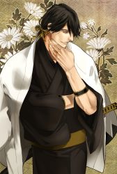 Rule 34 | 10s, 1boy, alternate hairstyle, black hair, brown background, brown eyes, crossed arms, earrings, facial hair, flower, hand on own chin, japanese clothes, jewelry, kimono, lips, mad369, male focus, multicolored hair, nagasone kotetsu, patterned background, sayagata, sheath, sheathed, shinsengumi, smile, solo, sword, touken ranbu, two-tone hair, weapon