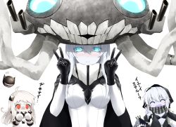 Rule 34 | 10s, 3girls, abyssal ship, ahoge, aqua eyes, blush, blush stickers, bodysuit, breasts, cape, closed eyes, double v, dress, gloves, glowing, glowing eyes, goribote, hat, hood, hoodie, horns, kantai collection, light smile, long hair, looking at viewer, mittens, multiple girls, northern ocean princess, o-ring, o-ring top, open mouth, pale skin, re-class battleship, red eyes, scarf, short hair, simple background, smile, solo focus, tentacles, translation request, v, white background, white dress, white hair, wo-class aircraft carrier