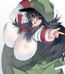Rule 34 | 1girl, :o, absurdres, black hair, blue eyes, breasts, breasts squeezed together, female focus, hat, highres, huge breasts, kouno (masao), long hair, open mouth, original, plump, ponytail, simple background, sitting, solo