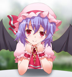 Rule 34 | 1girl, ascot, bat wings, blue hair, brooch, fang, hat, hat ribbon, henshako, jewelry, looking at viewer, pov across table, remilia scarlet, ribbon, short hair, smile, solo, table, touhou, wings, wrist cuffs