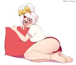 Rule 34 | 1girl, absurdres, anklet, barefoot, dolphin shorts, feet, fraankyy, glasses, goggles, hair bun, highres, jewelry, looking at viewer, lying, nail polish, nintendo, applying pedicure, pillow, purah, red eyes, shirt, short shorts, shorts, solo, squishing, t-shirt, the legend of zelda, the legend of zelda: tears of the kingdom, thighhighs, thighs, toes, white hair, wide hips