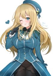 Rule 34 | 1girl, 9610 (kuroto), ascot, atago (kancolle), beret, black gloves, black pantyhose, blonde hair, blue hat, blush, breasts, fur collar, gloves, green eyes, hat, heart, highres, jacket, kantai collection, large breasts, light smile, long hair, long sleeves, looking at viewer, military, military uniform, one eye closed, open mouth, pantyhose, signature, simple background, skirt, smile, twitter username, uniform, white background