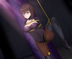 Rule 34 | 1girl, absurdres, bad id, bad pixiv id, bdsm, black pantyhose, blue eyes, bondage, boots, bound, brown hair, bubblekong, forced orgasm, highres, original, pantyhose, restrained, short hair, stationary restraints, thigh boots, thighhighs