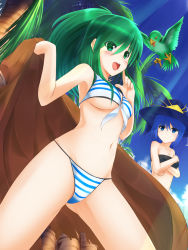 Rule 34 | 2girls, ariel (yu-gi-oh!), armpits, artist request, bare shoulders, beach, beak, bikini, bird, blue eyes, blue hair, blush, breasts, cleavage, cloud, day, duel monster, eyes visible through hair, front-tie bikini top, front-tie top, gishki ariel, green eyes, green hair, gusto gulldo, hand on own chest, happy, hat, highres, holding, long hair, looking at another, medium breasts, multiple girls, navel, open mouth, outdoors, palm tree, panties, ponytail, ritua erial, robe, short hair, sidelocks, sky, smile, striped bikini, striped clothes, striped panties, sunlight, swimsuit, tree, underboob, underwear, winda (yu-gi-oh!), winda priestess of gusto, witch hat, wynnda miko of the gusta, yu-gi-oh!