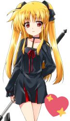 Rule 34 | 1girl, arm behind back, bardiche (device form) (nanoha), bardiche (nanoha), black choker, black dress, black ribbon, blonde hair, blush, choker, commentary, cowboy shot, dress, fate testarossa, hair ribbon, heart, highres, holding, holding weapon, kuroi mimei, light blush, light smile, long dress, long hair, looking at viewer, lyrical nanoha, mahou shoujo lyrical nanoha, parted bangs, parted lips, pleated dress, red eyes, ribbon, short dress, simple background, solo, standing, star (symbol), two side up, very long hair, weapon, white background