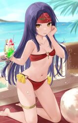 Rule 34 | 1girl, bare shoulders, bikini, breasts, collarbone, commission, cup, fire emblem, fire emblem: radiant dawn, food on hand, haru (nakajou-28), headband, heart o-ring, heart ring top, highres, holding, holding cup, holding spoon, kneeling, long hair, looking at viewer, navel, nintendo, ocean, parfait, pixiv commission, purple hair, red bikini, red headband, sanaki kirsch altina, small breasts, solo, spoon, swimsuit, tongue, tongue out, yellow eyes