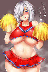 Rule 34 | 1girl, alternate costume, bad id, bad pixiv id, blue eyes, blush, breasts, cheerleader, cowboy shot, crop top, curvy, hair ornament, hair over one eye, hairclip, hamakaze (kancolle), heart, highres, kantai collection, large breasts, looking at viewer, microskirt, midriff, navel, nose blush, open mouth, pleated skirt, pom pom (cheerleading), red skirt, short hair, silver hair, skirt, sleeveless, smile, solo, spoken heart, stomach, sweat, terakoya, thick thighs, thighs, translation request, underboob, wide hips