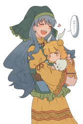 Rule 34 | 2girls, :/, :d, ^ ^, aged down, apron, armor, blue hair, blush, carrying, child, child carry, closed eyes, commentary request, double bun, eyelashes, frilled apron, frilled sleeves, frills, green apron, green scarf, hair bun, haniyasushin keiki, happy, head scarf, heart, high collar, highres, jewelry, joutouguu mayumi, laughing, long hair, long sleeves, magatama, magatama necklace, multiple girls, necklace, one eye closed, open mouth, pocket, puffy short sleeves, puffy sleeves, rbfnrbf (mandarin), ribbon-trimmed sleeves, ribbon trim, scarf, short hair, short sleeves, simple background, single strap, smile, standing, teeth, tongue, tools, touhou, translation request, upper teeth only, white background, wide sleeves, yellow armor, yellow sleeves