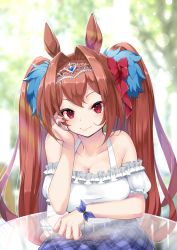 Rule 34 | &gt;:), 1girl, animal ears, bare shoulders, blue skirt, blurry, blurry background, bow, breasts, brown hair, cleavage, closed mouth, collarbone, commentary request, daiwa scarlet (umamusume), depth of field, fang, fang out, frilled shirt, frills, glass table, hair bow, hair intakes, hand up, highres, horse ears, large breasts, long hair, looking at viewer, off-shoulder shirt, off shoulder, plaid, plaid skirt, puffy short sleeves, puffy sleeves, red bow, red eyes, rin2008, shirt, short sleeves, skirt, smile, solo, table, tiara, transparent, twintails, umamusume, v-shaped eyebrows, very long hair, white shirt