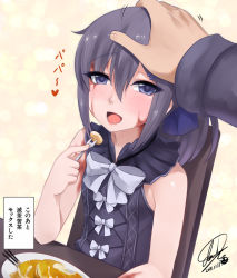 Rule 34 | 1girl, :d, blush, bow, burn scar, darkmaya, dated, dorei to no seikatsu ~teaching feeling~, food, fork, hair between eyes, hair ornament, hairclip, hand on another&#039;s head, headpat, holding, holding fork, long hair, looking at viewer, meme, open mouth, out of frame, pancake, plate, ponytail, pov, pov hands, purple eyes, purple hair, scar, shirt, signature, sleeveless, sleeveless shirt, smile, solo focus, sylvie (dorei to no seikatsu), they had lots of sex afterwards (meme)