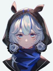 Rule 34 | 1girl, aegyo sal, animal ear hood, arknights, bandana, black hood, blue bandana, blue eyes, center-flap bangs, chinese commentary, commentary, cropped head, expressionless, fake animal ears, glaucus (arknights), grey background, highres, hood, hood up, jiao shenme ming hao ne, looking at viewer, low-tied sidelocks, multicolored hair, simple background, solo, straight-on, streaked hair, white hair