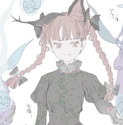 Rule 34 | animal ears, blue fire, bow, braid, cat ears, close-up, dress, extra ears, fairy, fairy wings, fang, fingernails, fire, ghost, green dress, hitodama, kaenbyou rin, long hair, multiple girls, pointy ears, portrait, puffy sleeves, red eyes, red hair, ribbon, sharp fingernails, shihou (g-o-s), shoes, skull, slit pupils, smile, touhou, twin braids, white background, white dress, white hair, wings, zombie fairy (touhou)