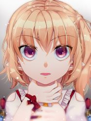 Rule 34 | 1girl, alternate eye color, ascot, bad id, bad twitter id, blonde hair, blurry, bow, close-up, clothing cutout, collared shirt, commentary request, crystal, eringi (rmrafrn), eye color request, eyes visible through hair, fangs, flandre scarlet, frilled shirt collar, frills, gradient background, grey background, hair between eyes, hand on own neck, hands up, highres, looking at viewer, no headwear, one side up, open mouth, pointy ears, portrait, red bow, red eyes, red ribbon, red vest, ribbon, shirt, shoulder cutout, solo, touhou, upper body, vest, white background, white shirt, wings, wrist bow, wrist ribbon, yellow ascot