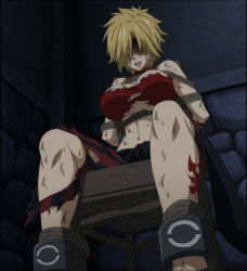 Rule 34 | 1girl, blonde hair, bound, breasts, dimaria yesta, fairy tail, highres, large breasts, sitting, solo, tied up, torn clothes