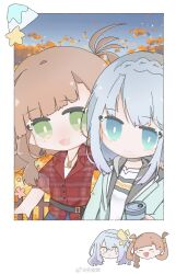 Rule 34 | 2girls, :d, aqua jacket, arm at side, autumn, autumn leaves, awane kokoro, belt, blue eyes, blue hair, blue sky, blunt bangs, braid, brown hair, buttons, chibi, closed mouth, collared shirt, cube hair ornament, green eyes, hair ornament, hair rings, hand on another&#039;s shoulder, highres, holding thermos, jacket, jewelry, kagami masara, kongchuangdie, light blue hair, looking at viewer, low-tied sidelocks, magia record: mahou shoujo madoka magica gaiden, mahou shoujo madoka magica, multiple girls, necklace, official alternate costume, open mouth, outdoors, partially unbuttoned, polaroid, red shirt, shirt, side braid, sidelocks, single sidelock, sky, sleeves rolled up, smile, upper body, white shirt