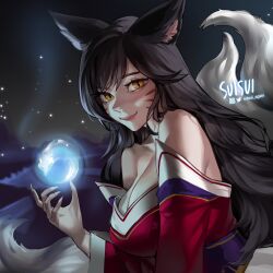 Rule 34 | 1girl, ahri (league of legends), animal ears, artist name, ball, bare shoulders, black hair, breasts, brown eyes, cleavage, closed mouth, facial mark, fingernails, fox ears, fox girl, fox tail, from side, hand up, highres, instagram logo, kyuubi, large breasts, league of legends, long hair, magic, night, outdoors, sharp fingernails, slit pupils, smile, suisui again, tail, twitter logo, whisker markings