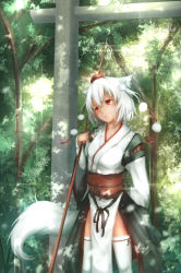 Rule 34 | 1girl, :t, animal ears, arm behind back, blurry, closed mouth, dappled sunlight, day, depth of field, detached sleeves, hair between eyes, hat, head tilt, holding, inubashiri momiji, japanese clothes, leaf, lens flare, long sleeves, machin, outdoors, pom pom (clothes), pout, red eyes, red hat, shade, shakujou, short hair, solo, staff, standing, sunlight, tail, tassel, tengu, thighhighs, tokin hat, torii, touhou, tree, white hair, white thighhighs, wide sleeves, wolf ears, wolf tail
