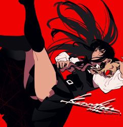 Rule 34 | 1girl, belt, belt buckle, black dress, black hair, black thighhighs, buckle, chainsaw man, dress, facial scar, feet out of frame, floating hair, from side, ghost-fish, half-closed eyes, highres, long hair, long sleeves, looking at viewer, over-kneehighs, pinafore dress, red background, red eyes, ringed eyes, scar, scar on cheek, scar on face, severed head, shirt, signature, simple background, sleeveless, sleeveless dress, smile, solo, tanaka (chainsaw man), thighhighs, thighs, white shirt, yoru (chainsaw man)
