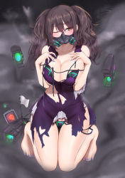 Rule 34 | 1girl, black hair, breasts, brown eyes, dress, gas mask, girls&#039; frontline, highres, large breasts, long hair, mask, navel, one eye closed, popoman, purple dress, sangvis ferri, scarecrow (girls&#039; frontline), solo, torn clothes, torn dress, twintails
