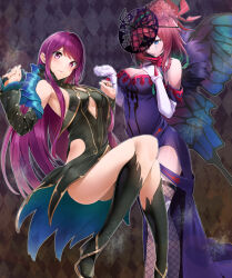 Rule 34 | 2girls, absurdres, bare shoulders, black dress, black footwear, blue eyes, boots, breasts, butterfly wings, cleavage, commentary request, cosplay, costume switch, detached sleeves, dress, elbow gloves, facial mark, feet out of frame, fire emblem, fire emblem engage, fire emblem heroes, fishnet thighhighs, fishnets, gloves, hands up, head tilt, highres, insect wings, ivy (fire emblem), ivy (fire emblem) (cosplay), large breasts, long hair, long sleeves, looking at viewer, multiple girls, nakano maru, nintendo, off-shoulder dress, off shoulder, purple dress, purple eyes, purple hair, sleeveless, sleeveless dress, standing, thighhighs, triandra (fire emblem), triandra (fire emblem) (cosplay), very long hair, white gloves, wings