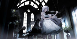 Rule 34 | 1girl, 1other, absurdres, bare arms, belt, blue eyes, commentary, curtains, dress, feet out of frame, grey hair, highres, igawa hikaru, indoors, instrument, long dress, long hair, music, original, piano, plant, playing instrument, puppet strings, sleeveless, sleeveless dress, spaghetti strap, stairs, standing, sunlight, twitter username, very long hair, violin, weibo watermark, white dress, window