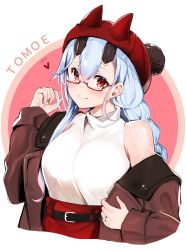 Rule 34 | 1girl, absurdres, alternate costume, bare shoulders, belt, bespectacled, black belt, blush, braid, breasts, brown coat, casual, character name, coat, contemporary, fate/grand order, fate (series), felnemo, glasses, heart, highres, large breasts, long hair, looking at viewer, red-framed eyewear, red eyes, red skirt, semi-rimless eyewear, silver hair, simple background, single sidelock, skirt, sleeveless, sleeveless sweater, smile, solo, sweater, tomoe gozen (fate), turtleneck, turtleneck sweater, under-rim eyewear, undressing, white background, white sweater