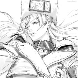 Rule 34 | 1girl, arc system works, coat, fur hat, greyscale, guilty gear, hat, high collar, long hair, millia rage, monochrome, parted bangs, parted lips, rejean dubois, sketch, ushanka