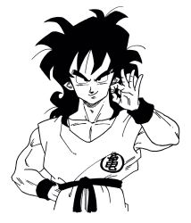 Rule 34 | 1boy, black eyes, black hair, clothes writing, commentary request, dougi, dragon ball, fingernails, frown, greyscale, hand on own hip, highres, lee (dragon garou), looking at viewer, male focus, monochrome, ok sign, simple background, solo, upper body, white background, wristband, yamcha