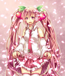 Rule 34 | 1girl, bad id, bad pixiv id, cherry, detached sleeves, food, fruit, hatsune miku, headset, long hair, necktie, open mouth, petals, pink eyes, pink hair, sakura miku, shiomizu (swat), siomidu, skirt, skirt hold, solo, thighhighs, twintails, very long hair, vocaloid