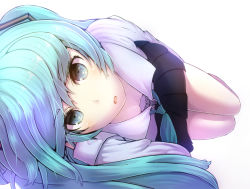 Rule 34 | 1girl, aqua hair, blush, breasts, downblouse, hatsune miku, long hair, looking at viewer, lying, minarai shachou, on side, simple background, small breasts, solo, vocaloid, white background