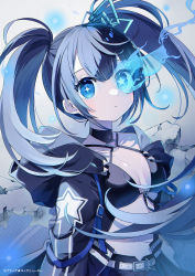 Rule 34 | 1girl, asymmetrical hair, bikini, black bikini, black jacket, black rock shooter, black rock shooter (character), black rock shooter fragment, blue eyes, blue hair, breasts, chon (chon33v), closed mouth, commentary request, copyright notice, elishka (black rock shooter), flaming eye, floating hair, front-tie bikini top, front-tie top, highres, hood, hood down, hooded jacket, jacket, long hair, navel, open clothes, open jacket, small breasts, solo, star-shaped pupils, star (symbol), swimsuit, symbol-shaped pupils, twintails, uneven twintails, very long hair