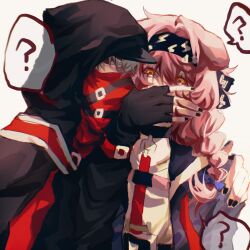 Rule 34 | ?, absurdres, arknights, black hairband, black jacket, black nails, blue bow, bow, braid, covering another&#039;s mouth, goldenglow (arknights), grey background, grey hair, hair between eyes, hair bow, hairband, hateful avenger (arknights), highres, hood, hood up, jacket, lightning bolt print, long hair, nail polish, open clothes, open jacket, orange eyes, pink hair, print hairband, red (npc) (arknights), red eyes, shirt, simple background, single braid, spoken question mark, upper body, white shirt, zuiyexiaotongxue