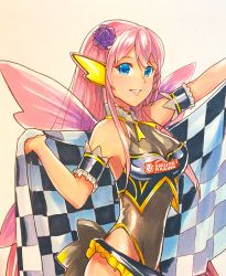 Rule 34 | 1girl, armband, bare shoulders, black leotard, blue eyes, butterfly wings, checkered flag, commentary, english commentary, flag, flower, from side, goodsmile racing, grin, hair flower, hair ornament, hand up, highres, holding, holding flag, insect wings, leotard, long hair, looking at viewer, marker (medium), mayo riyo, megurine luka, outstretched arm, painting (medium), pink hair, purple flower, purple rose, rose, smile, smiley face, solo, traditional media, upper body, vocaloid, watercolor (medium), wings