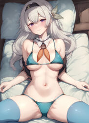 Rule 34 | 1girl, aqua thighhighs, bikini, black hairband, blue bikini, blue pupils, blush, breasts, cleavage, collarbone, detached collar, firefly (honkai: star rail), from above, grey hair, hair between eyes, hair intakes, hairband, highres, honkai: star rail, honkai (series), kimoshi, long hair, looking at viewer, lying, multicolored eyes, navel, neckerchief, on back, open mouth, orange neckerchief, purple eyes, smile, solo, spread legs, swimsuit, thighhighs, two-tone eyes
