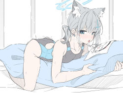Rule 34 | 1girl, animal ear fluff, animal ears, ass, bare arms, bare legs, bare shoulders, black one-piece swimsuit, blue archive, blue eyes, blue halo, blush, competition swimsuit, cross hair ornament, doodle sensei (blue archive), extra ears, grey hair, hair between eyes, hair ornament, halo, looking at viewer, masabodo, medium hair, mismatched pupils, one-piece swimsuit, open mouth, revision, sensei (blue archive), shiroko (blue archive), shiroko (swimsuit) (blue archive), solo, swimsuit, tongue, tongue out, wolf ears