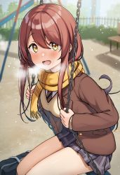 Rule 34 | 1girl, :d, absurdres, bag, bench, black necktie, blazer, blurry, blurry background, blush, breasts, breath, brown hair, brown jacket, chain, cold, commentary request, day, enpera, from side, grey skirt, hair between eyes, highres, idolmaster, idolmaster shiny colors, jacket, light particles, long hair, long sleeves, looking at viewer, looking to the side, medium breasts, miniskirt, necktie, open clothes, open jacket, open mouth, osaki tenka, outdoors, plaid, plaid skirt, playground, pleated skirt, scarf, school bag, school uniform, sitting, skirt, slide, smile, snowing, solo, stuffed toy, sweater vest, swing, wanimaru, yellow eyes, yellow scarf