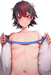 Rule 34 | 1girl, absurdres, banitya, bare shoulders, black hair, blush, breasts, clothes pull, commentary request, covered erect nipples, dress, dress pull, grey horns, hair between eyes, hands up, highres, holding, holding ribbon, horns, kijin seija, looking at viewer, multicolored hair, navel, no bra, off shoulder, open clothes, open dress, pulled by self, red eyes, red hair, ribbon, short hair, silver hair, simple background, small breasts, smile, solo, stomach, touhou, undressing, upper body, white background, white dress