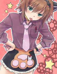 Rule 34 | 00s, 1girl, animal ears, aqua eyes, brown hair, cat ears, choker, hairband, hands on own hips, necktie, official alternate costume, outline, paw print, rita mordio, skirt, solo, star (symbol), tales of (series), tales of vesperia, tongue, tongue out, yukiiti