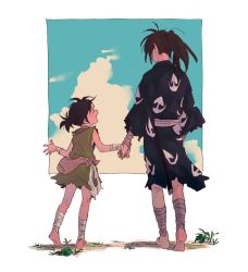 Rule 34 | 1boy, 1girl, age difference, bandages, barefoot, black hair, brown hair, child, cloud, day, dororo (character), dororo (tezuka), edmhhhnh, holding hands, hyakkimaru (dororo), japanese clothes, looking at another, open mouth, ponytail, sleeveless, torn clothes