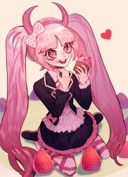 Rule 34 | 1girl, absurdly long hair, absurdres, badge, black footwear, black jacket, black skirt, blush, bow, child, collared shirt, cupcake, danganronpa (series), danganronpa another episode: ultra despair girls, eyelashes, fake horns, fingernails, food, food on face, fruit, full body, gradient background, gumiighost, hairband, hands up, headband, heart, heart-shaped pupils, highres, holding, holding cupcake, holding food, horned headwear, horns, jacket, kneeling, long hair, long sleeves, looking at viewer, multicolored clothes, multicolored footwear, multicolored skirt, multicolored thighhighs, neck ribbon, open mouth, pantyhose, parted bangs, pink bow, pink eyes, pink footwear, pink hair, pink hairband, pink headband, pink headwear, pink horns, pink ribbon, pink shirt, pink skirt, pink thighhighs, polka dot, polka dot bow, polka dot skirt, ribbon, shirt, simple background, skirt, strawberry, striped clothes, striped pantyhose, striped thighhighs, symbol-shaped pupils, teeth, thighhighs, tongue, twintails, upper teeth only, utsugi kotoko, very long hair, white background, white bow