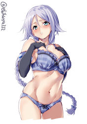 Rule 34 | 1girl, bare shoulders, black gloves, blue bra, blue eyes, blue panties, bra, braid, breasts, cleavage, collarbone, cowboy shot, ebifurya, elbow gloves, gloves, groin, hair flaps, hands on own chest, highres, kantai collection, lips, long hair, looking at viewer, mole, mole under eye, navel, panties, parted bangs, plaid, plaid bra, plaid panties, silver hair, simple background, solo, standing, stomach, thigh gap, thighs, twitter username, umikaze (kancolle), underwear, underwear only, very long hair, white background