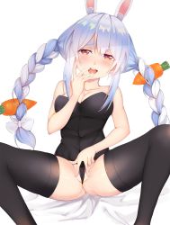 Rule 34 | 1girl, absurdres, alternate costume, animal, animal ear fluff, animal ears, ass, bare shoulders, bed sheet, between legs, black leotard, black thighhighs, blue hair, braid, breasts, carrot, cleavage, collarbone, commentary, cowboy shot, finger to mouth, food on hair, hand between legs, hand on own cheek, hand on own face, hand up, highres, hololive, leotard, looking at viewer, medium breasts, mons pubis, multicolored hair, open mouth, orange eyes, paddy san, playboy bunny, rabbit ears, sidelocks, simple background, sitting, solo, spread legs, strapless, strapless leotard, thick eyebrows, thighhighs, thighs, twin braids, twintails, two-tone hair, usada pekora, v, virtual youtuber, white background, white hair