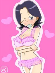 Rule 34 | 1girl, black hair, breasts, condom, condom in mouth, condom wrapper, frills, grey hair, heart, kanako-sensei, lingerie, looking at viewer, mouth hold, ojamajo doremi, one eye closed, pink background, self hug, solo, standing, underwear