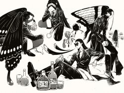 Rule 34 | 2girls, 4boys, antennae, asymmetrical pants, blindfold, bottle, butterfly boy, butterfly girl, butterfly wings, covered eyes, crossed legs, cup, dark-skinned male, dark skin, dmuyaa, extra arms, facing up, facing viewer, formal, hair wings, head wings, high heels, holding, holding cup, insect wings, jacket, long sleeves, monochrome, multiple boys, multiple girls, necktie, original, outstretched leg, own hands together, pants, serving, shoe soles, simple background, single thighhigh, sitting, squatting, suit, thighhighs, transparent wings, twintails, wings