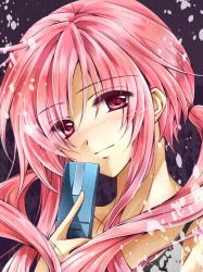 Rule 34 | 1girl, bad id, bad pixiv id, blush, cellphone, close-up, faux traditional media, gasai yuno, long hair, looking at viewer, mirai nikki, phone, pink eyes, pink hair, smile, solo, touko (wisterio), twintails, wisterio