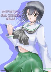 Rule 34 | 1girl, absurdres, baker st muse, black choker, black eyes, black hair, black neckerchief, blouse, blue background, bob cut, brown eyes, character name, choker, clipboard, commentary request, cowboy shot, dated, english text, frown, girls und panzer, green skirt, grey-framed eyewear, happy birthday, highres, holding, holding clipboard, kawashima momo, long sleeves, looking at viewer, miniskirt, monocle, navel, neckerchief, ooarai school uniform, open mouth, partial commentary, pleated skirt, sailor collar, school uniform, semi-rimless eyewear, serafuku, shadow, shirt, short hair, skirt, solo, standing, twitter username, under-rim eyewear, v-shaped eyebrows, white sailor collar, white shirt, wind, wind lift