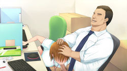 Rule 34 | 1girl, box, breasts, brown hair, censored, chair, condom, condom wrapper, desk, fellatio, hands on another&#039;s head, highres, huge breasts, indoors, keyboard, kono kaisha... nanika okashii!, legs, mosaic censoring, mouse (computer), necktie, no eyes, office, open mouth, oral, original, penis, short hair, sitting, someoka yusura, stealth fellatio, stealth sex, thighs