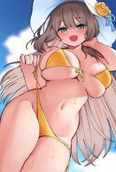 Rule 34 | 1girl, :d, adjusting clothes, adjusting swimsuit, bikini, blue archive, blue ribbon, blue sky, blush, breasts, bursting breasts, flower, from below, green eyes, hat, hat flower, hat ribbon, highres, huge breasts, light brown hair, long hair, looking at viewer, navel, ndgd, nonomi (blue archive), nonomi (swimsuit) (blue archive), open mouth, ribbon, side-tie bikini bottom, sky, smile, solo, sun hat, sweat, swimsuit, undressing, wet, white hat, yellow bikini