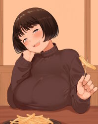 Rule 34 | 1girl, :d, atgsanz (wttoo0000), black sweater, blush, bob cut, breasts, brown hair, food, french fries, highres, huge breasts, indoors, jimiko, large breasts, long sleeves, looking at viewer, mole, mole under eye, open mouth, original, short hair, smile, solo, sweater